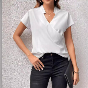 Women V-Neck Short-sleeved Summer Simple White Blouse