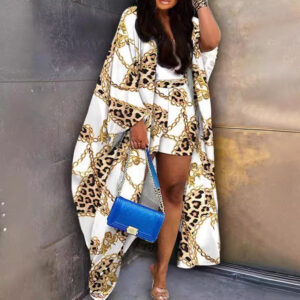 Print Cardigan Flare Sleeve Casual Shorts Set