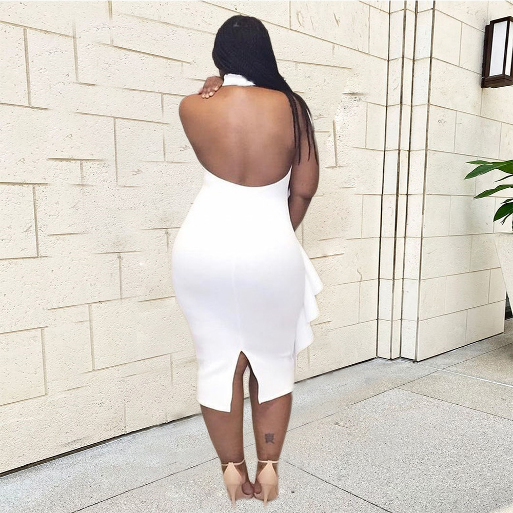 Women's Ruffled Halter Elegant Sleeveless Sheath Date White Dress - Image 3