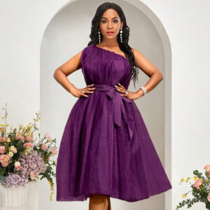 Plain Wryshoulder Sleeveless Belt Bandage Elegant Dress