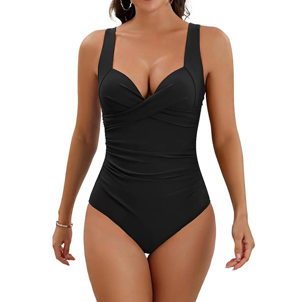 Plain Cross Neck Pleat Sleeveless Sexy One Piece Swimsuit - Image 3