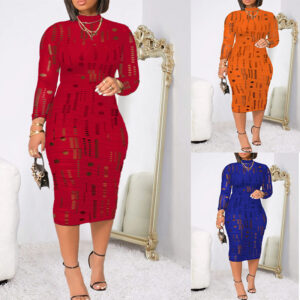 Plain Half High Collar Hollow-Out Long Sleeve Elegant Dress