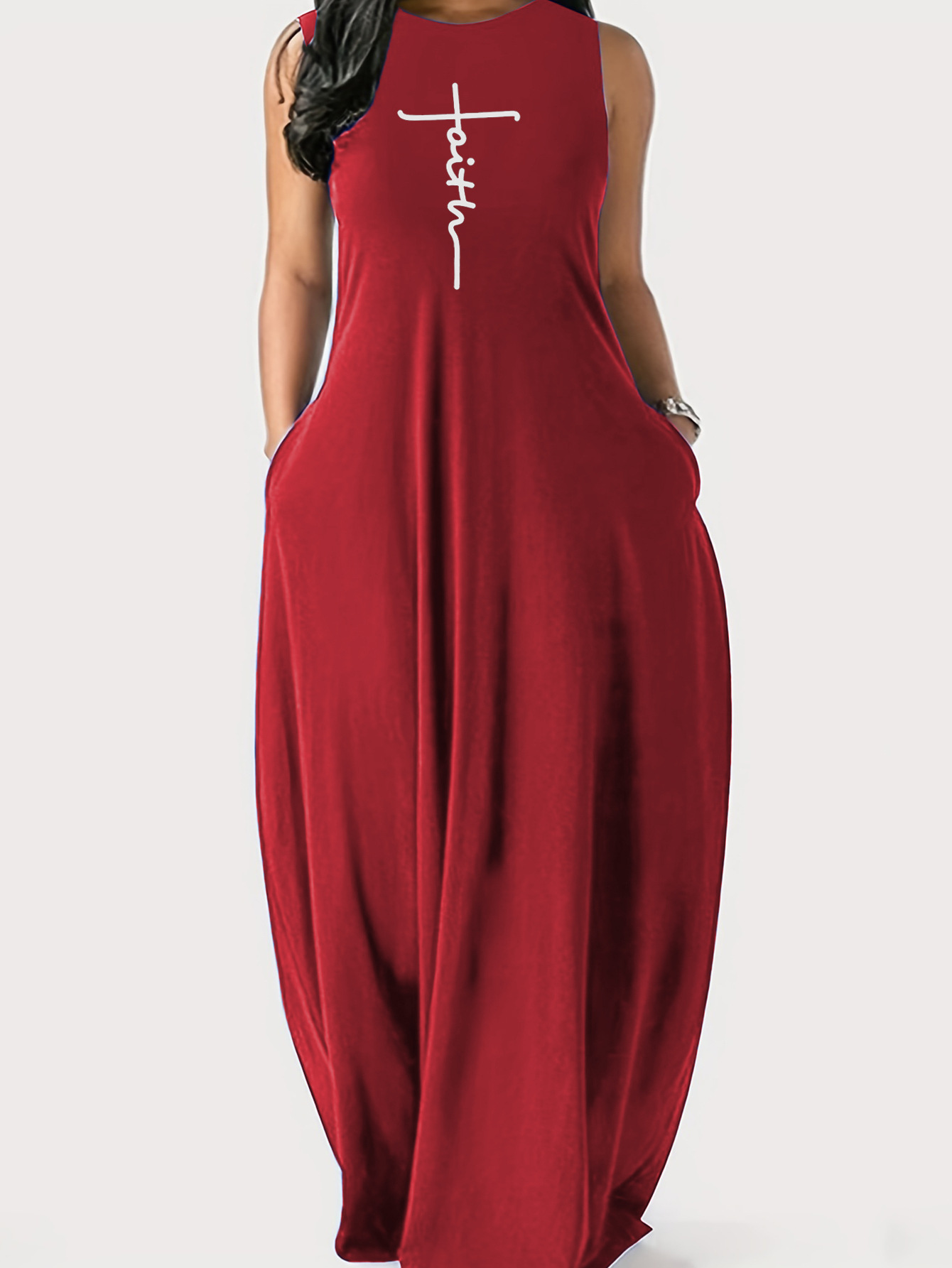 Women's Plus Size Letter Faith Print Round Neck Pockets Tank Maxi Dress - Image 4