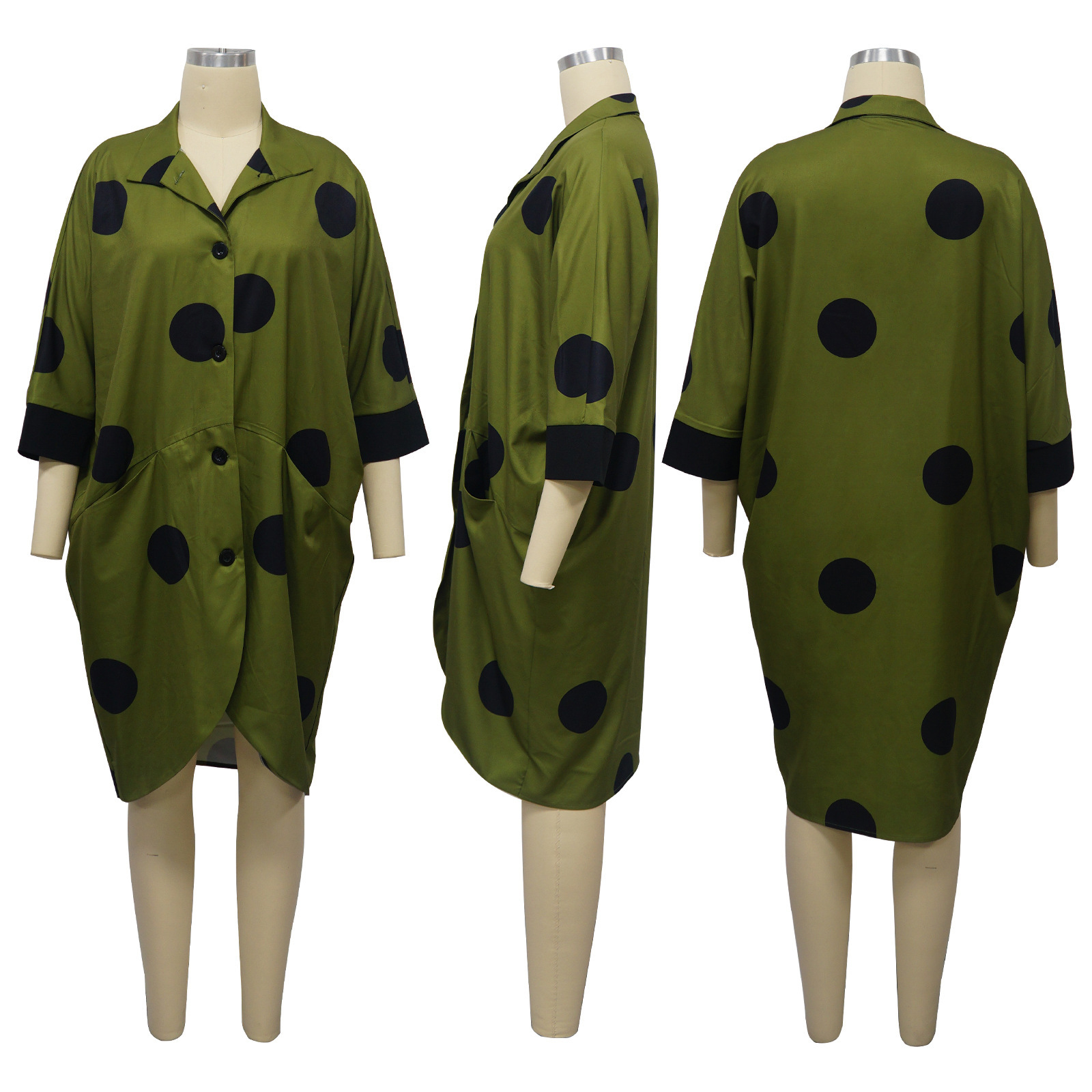 Women's Dot Printing Pocket Lapel Casual Shirt Dress - Image 2