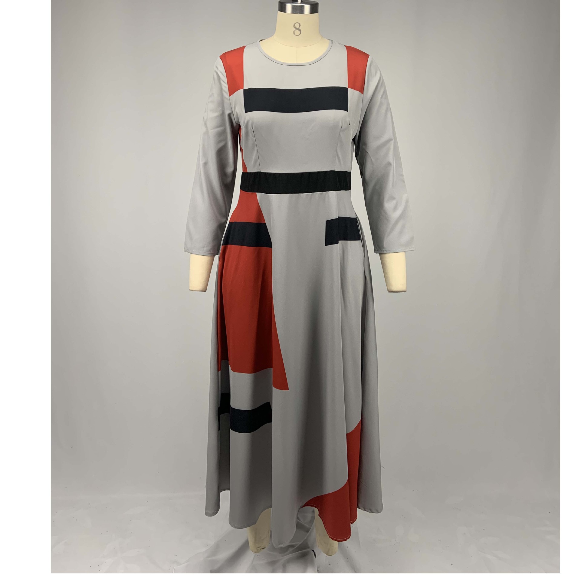 Women's Round Neck Printed Three-quarter Sleeve High Waist Dress - Image 6