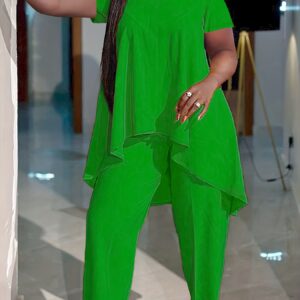 Plain Crew Neck Irregular Short Sleeve Top Casual Pants Two Piece Set