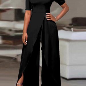Plain Off Shoulder Short Sleeve Split Elegant Jumpsuit