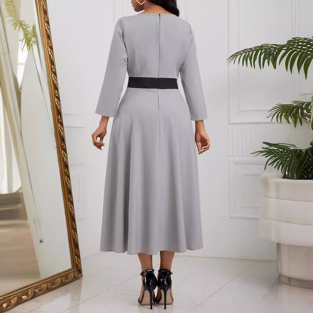 Women's Round Neck Printed Three-quarter Sleeve High Waist Dress - Image 4