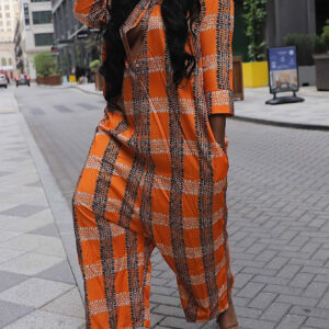 Plaid Print Lapel Three Quarter Casual Jumpsuit