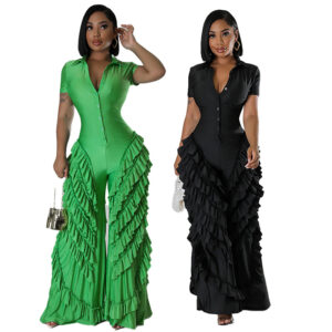 Plain Lapel Short Sleeve Pleat Ruffle Elegant Jumpsuit