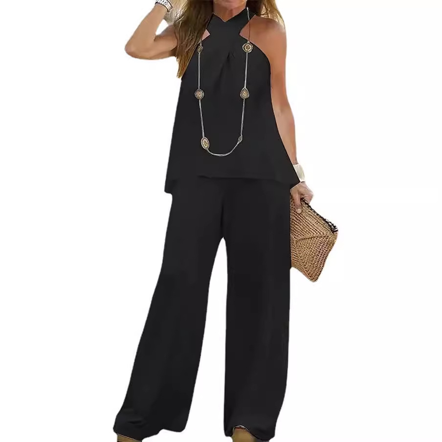 Women's Casual Halterneck Solid Color Sleeveless Top Wide-leg Pants Two-piece Set - Image 5