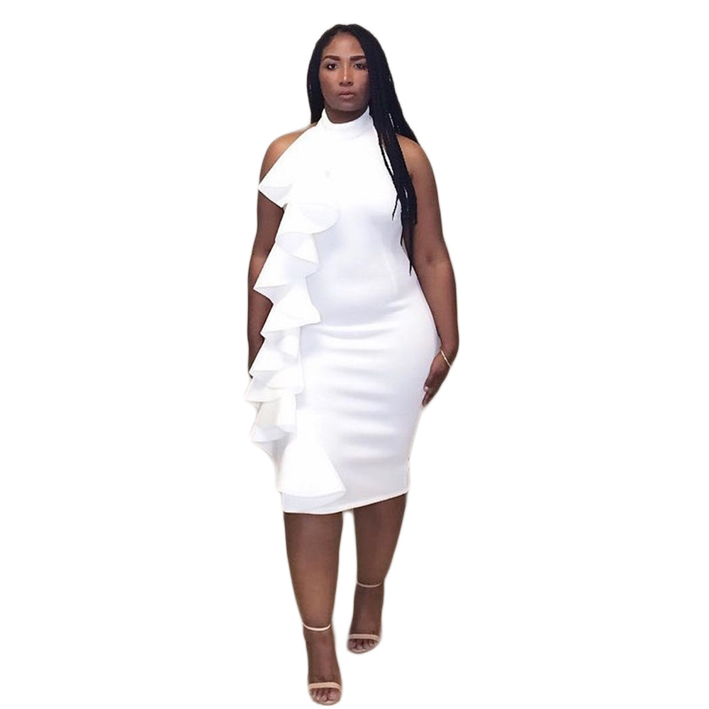 Women's Ruffled Halter Elegant Sleeveless Sheath Date White Dress - Image 6