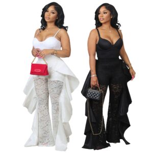 Plain Vest Sleeveless Lace Ruffle High Waist Elegant Jumpsuit