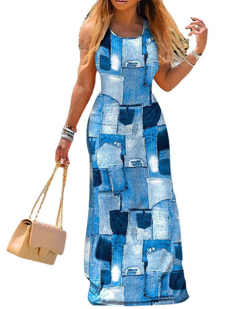 Print Crew Neck Sleeveless Sheath Elegant Dress - Image 5