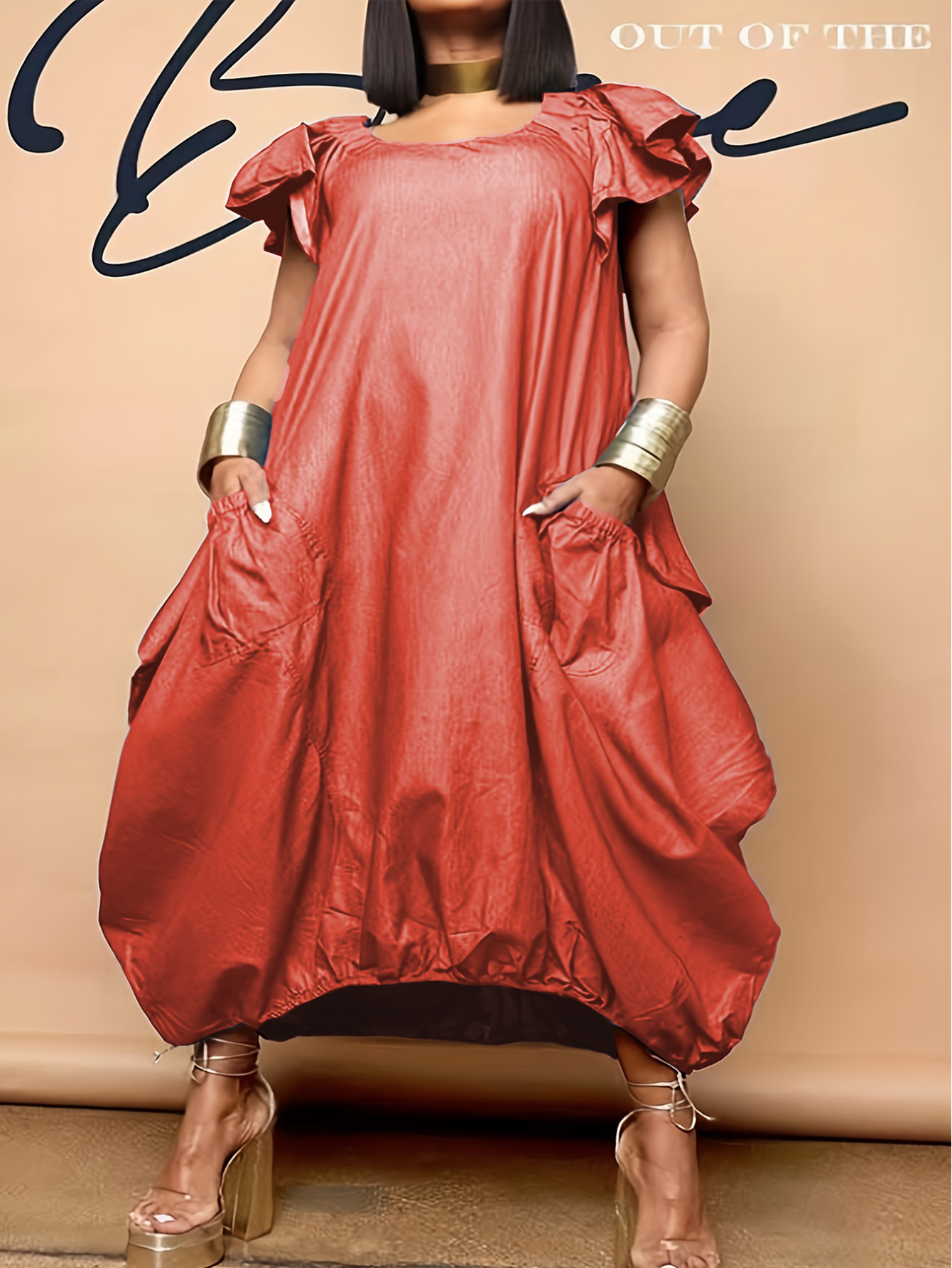 Plain Crew Neck Butterfly Sleeve Casual Dress - Image 5