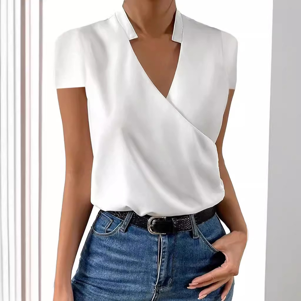 Women V-Neck Short-sleeved Summer Simple White Blouse - Image 4