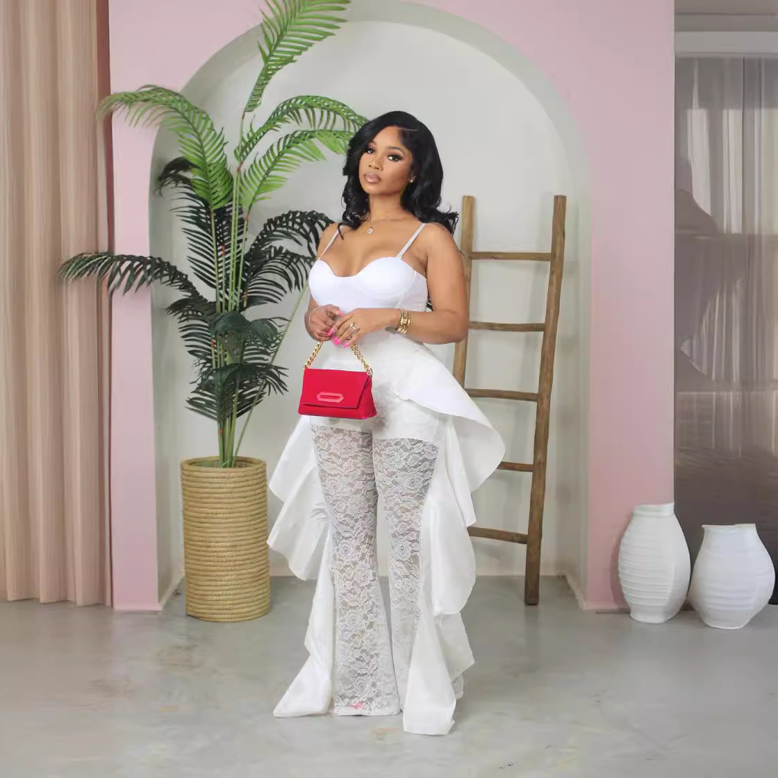 Plain Vest Sleeveless Lace Ruffle High Waist Elegant Jumpsuit - Image 3