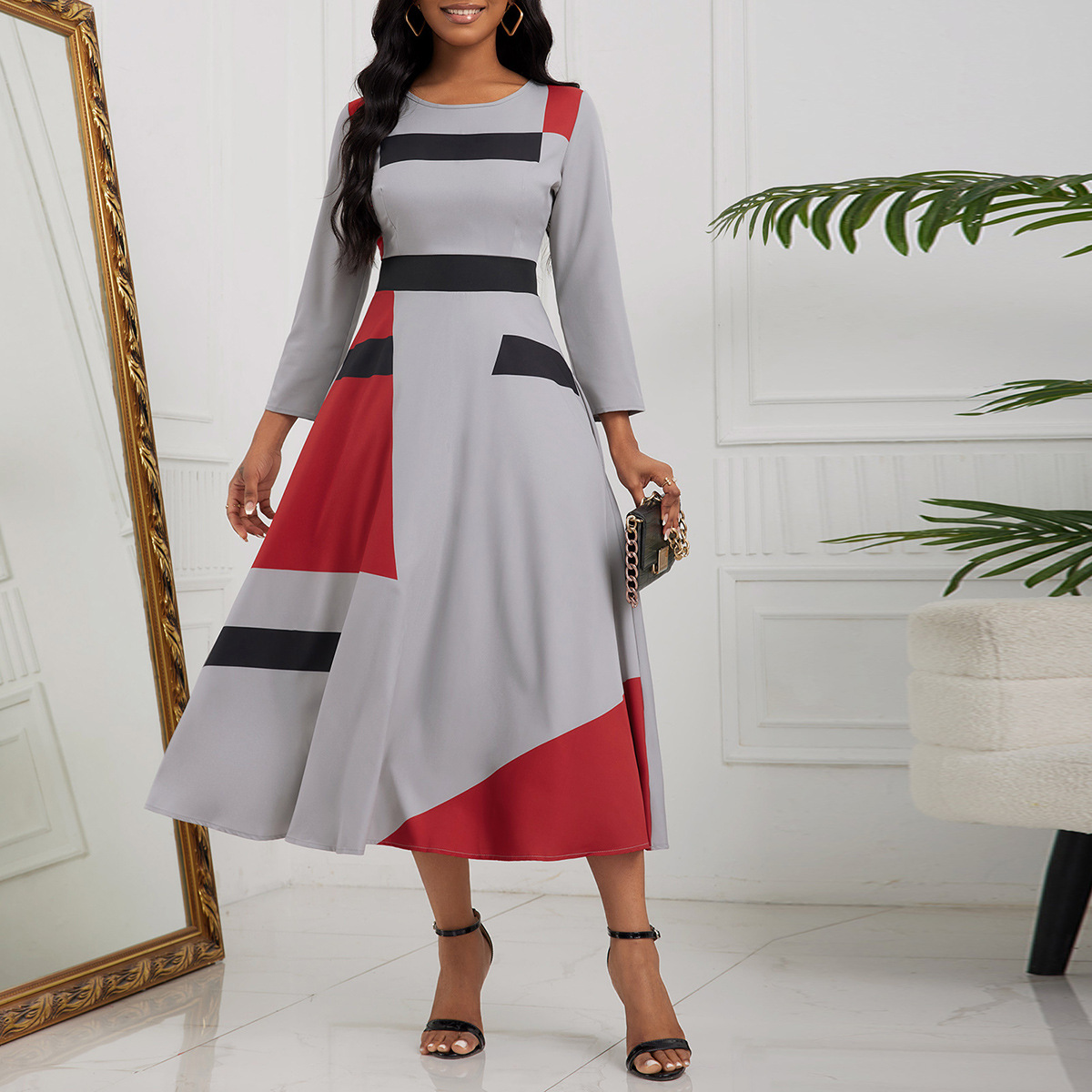 Women's Round Neck Printed Three-quarter Sleeve High Waist Dress - Image 2