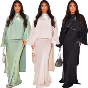 Plain Half High Collar Long Sleeve Two Piece Dress