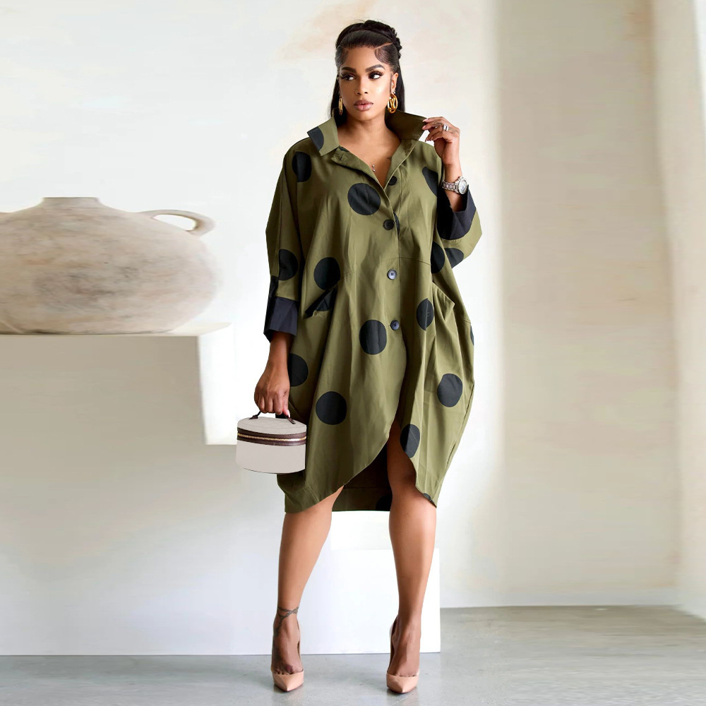 Women's Dot Printing Pocket Lapel Casual Shirt Dress - Image 3