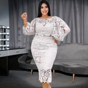 Plain Crew Neck Hollow-Out Lantern Sleeve Lace Elegant Dress