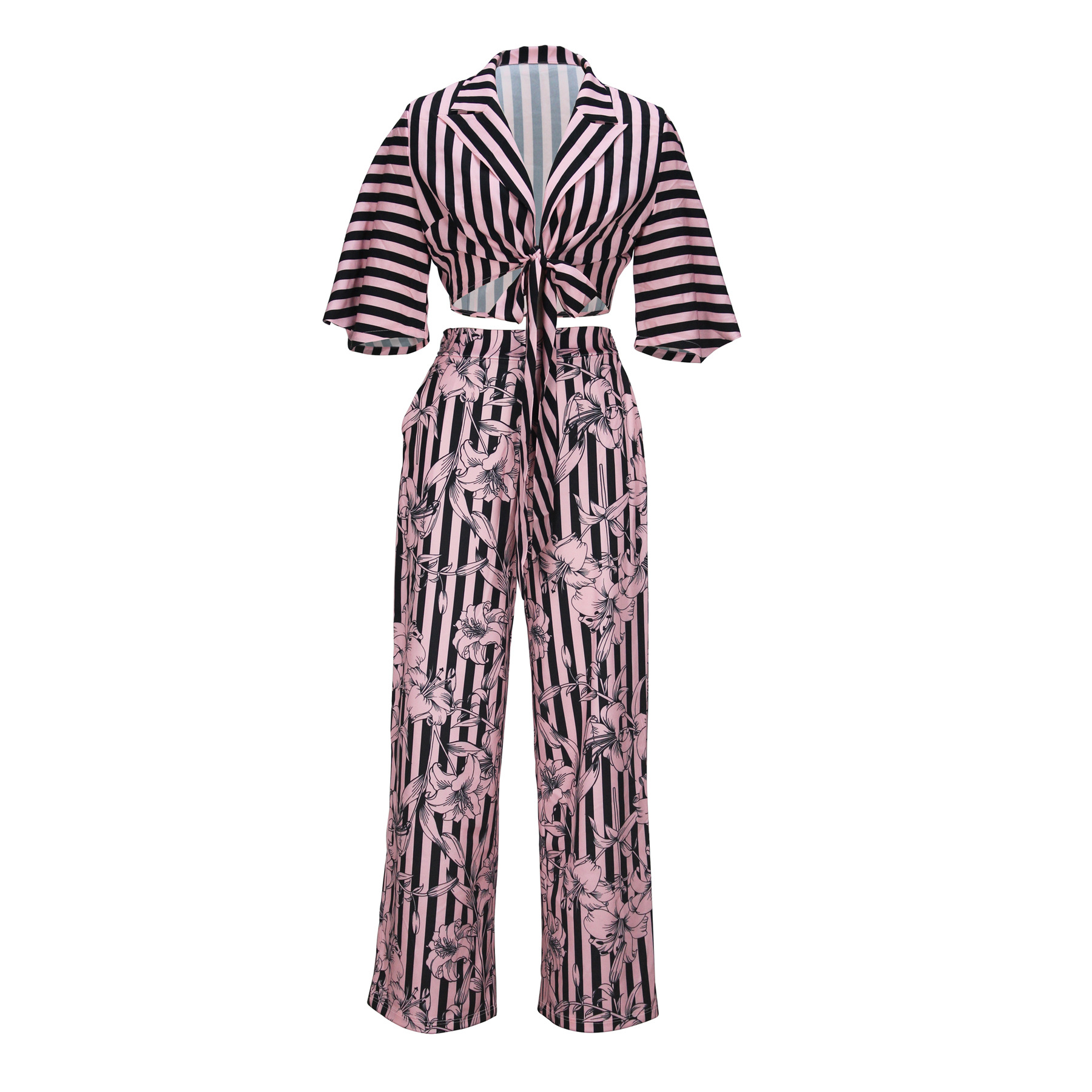Simple Short Knotted Tops Slimming Fashion Casual Pants Set - Image 2