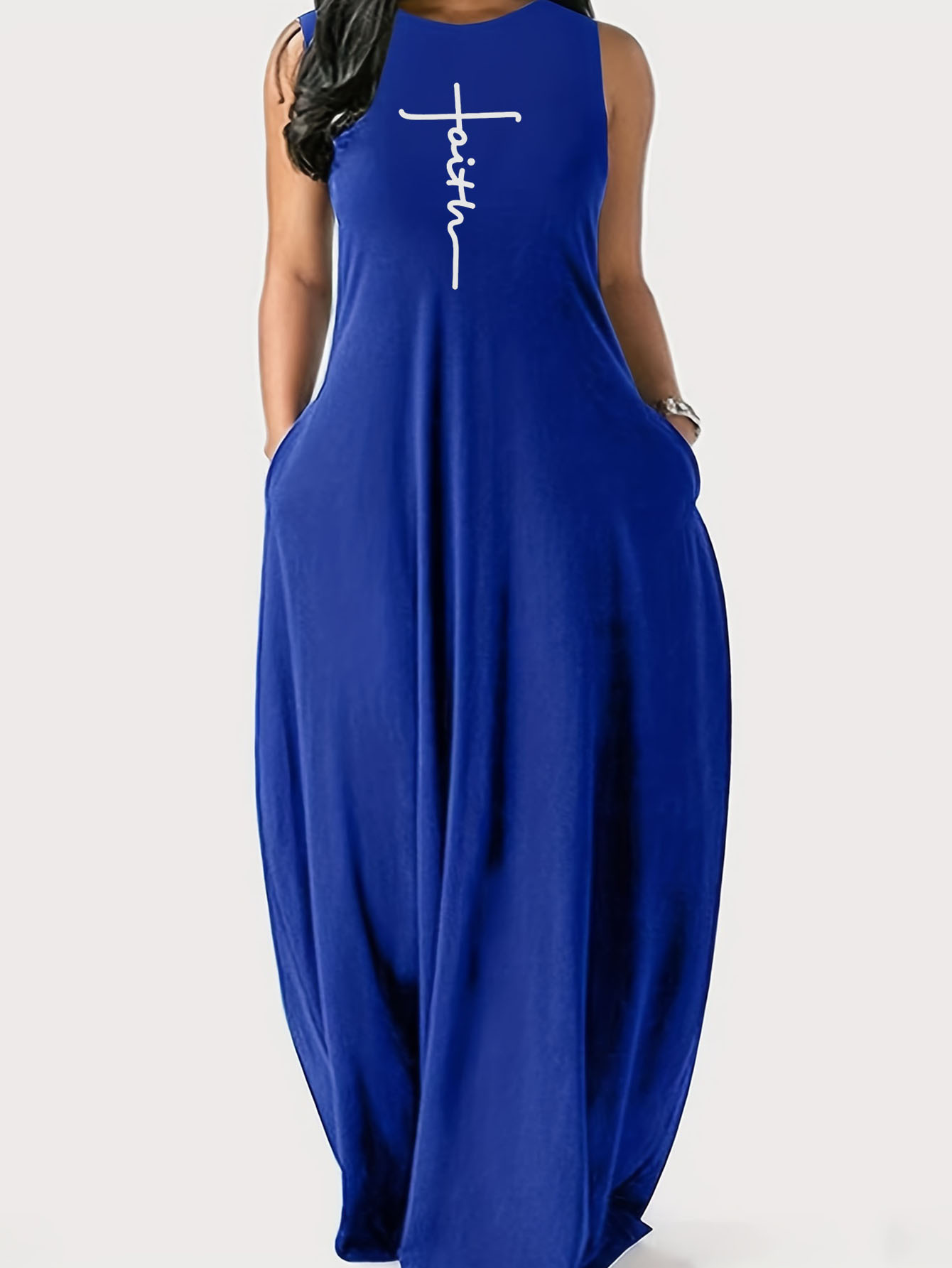 Women's Plus Size Letter Faith Print Round Neck Pockets Tank Maxi Dress - Image 2