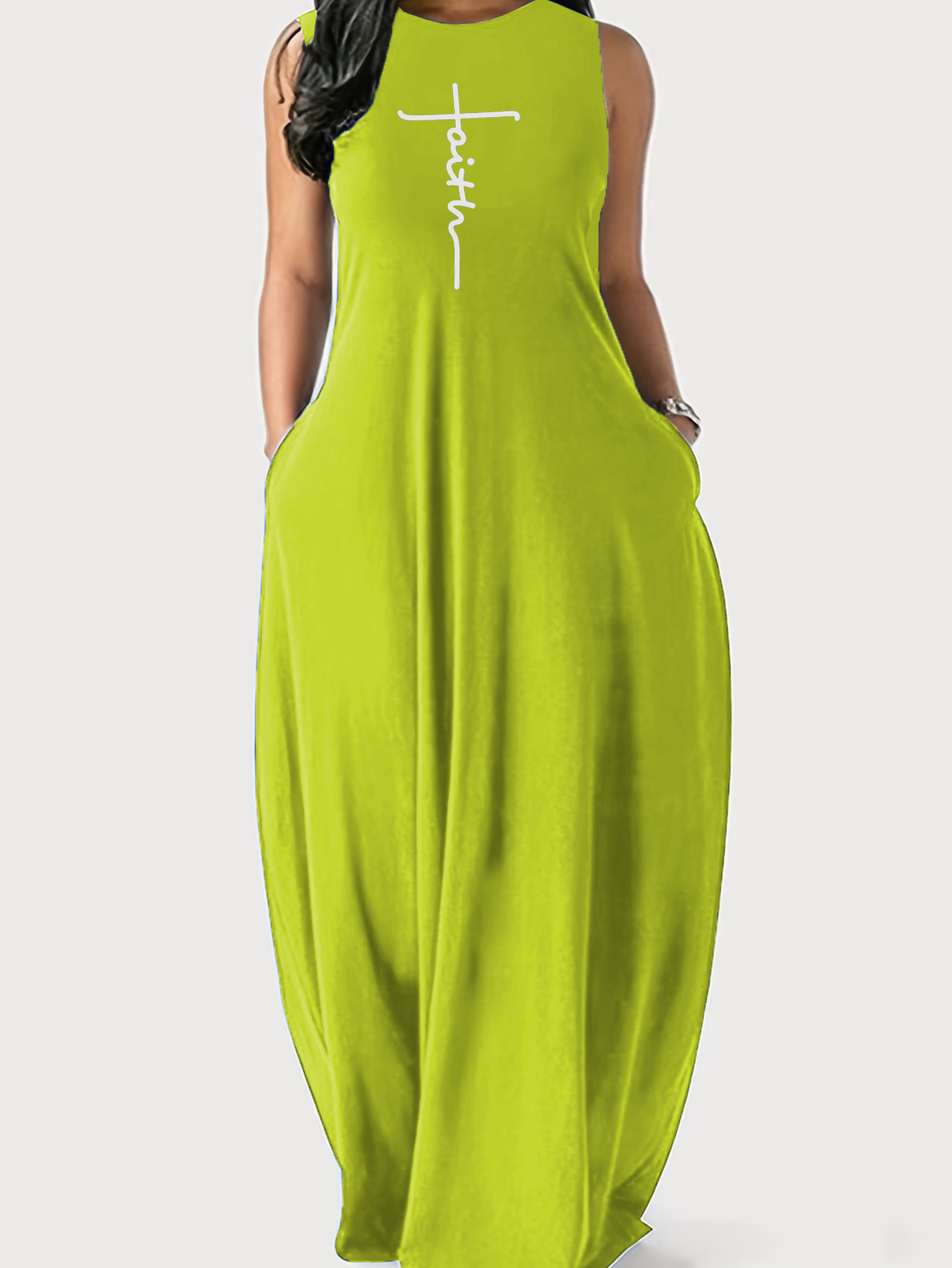 Women's Plus Size Letter Faith Print Round Neck Pockets Tank Maxi Dress