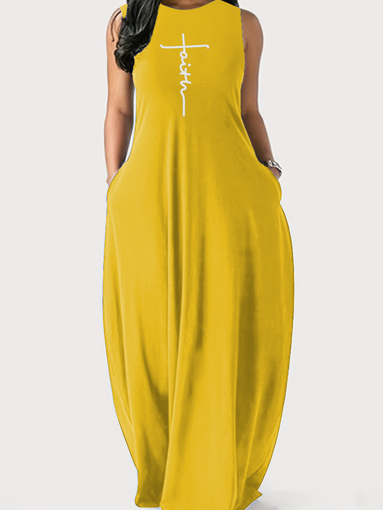Women's Plus Size Letter Faith Print Round Neck Pockets Tank Maxi Dress - Image 3