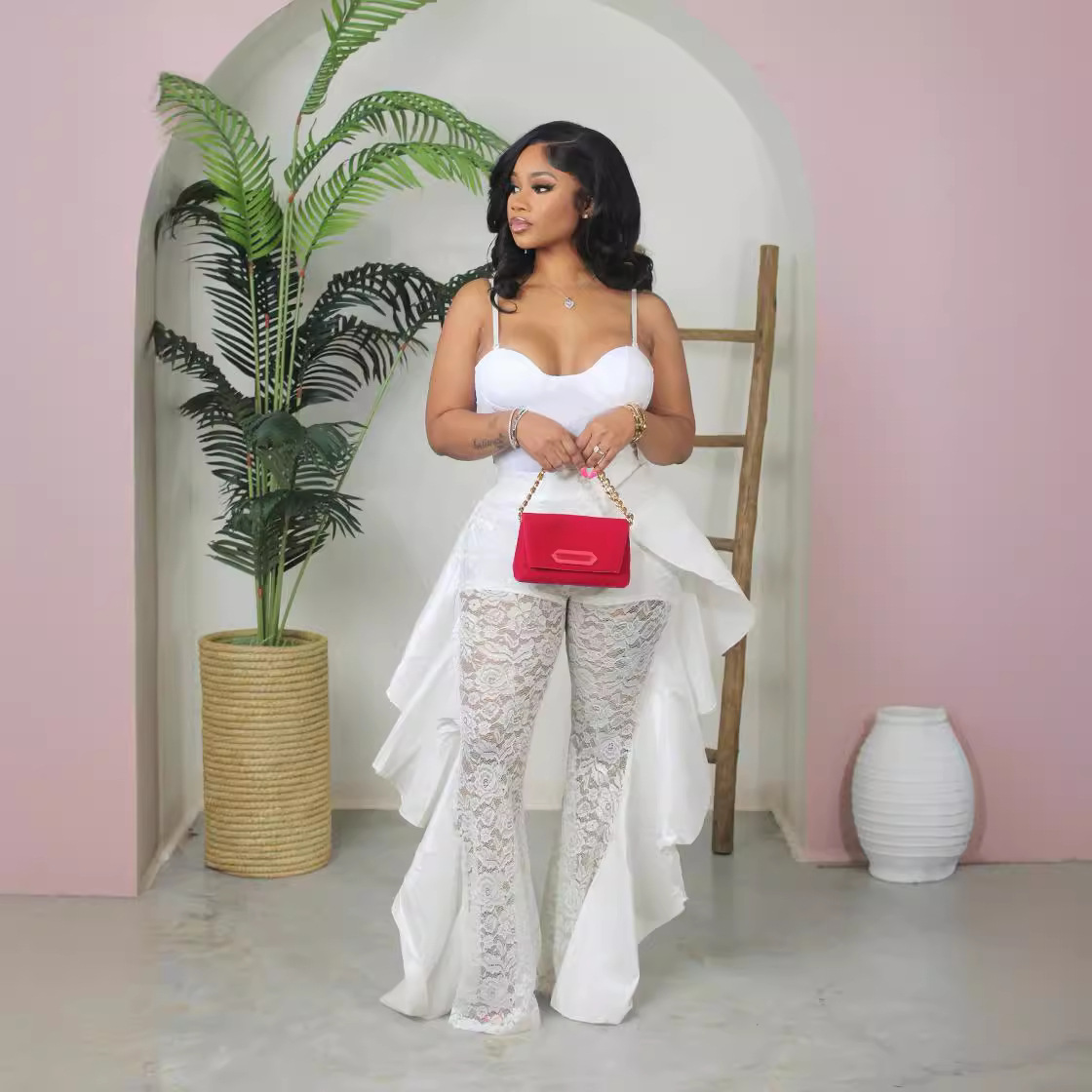Plain Vest Sleeveless Lace Ruffle High Waist Elegant Jumpsuit - Image 2