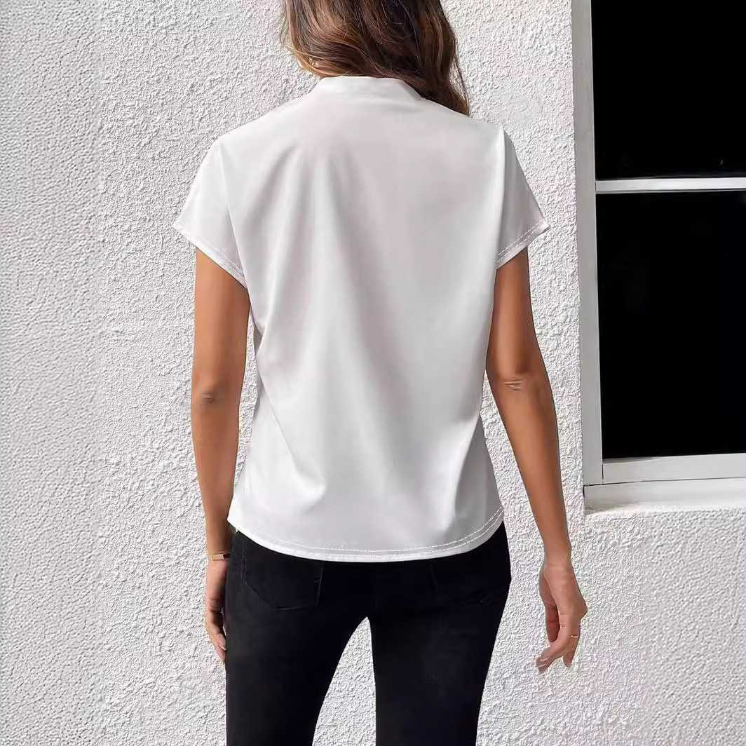 Women V-Neck Short-sleeved Summer Simple White Blouse - Image 2