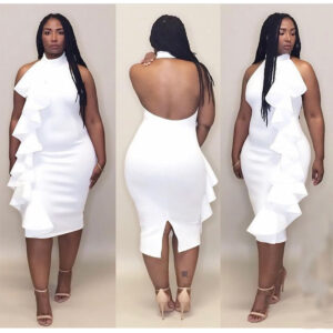 Women's Ruffled Halter Elegant Sleeveless Sheath Date White Dress