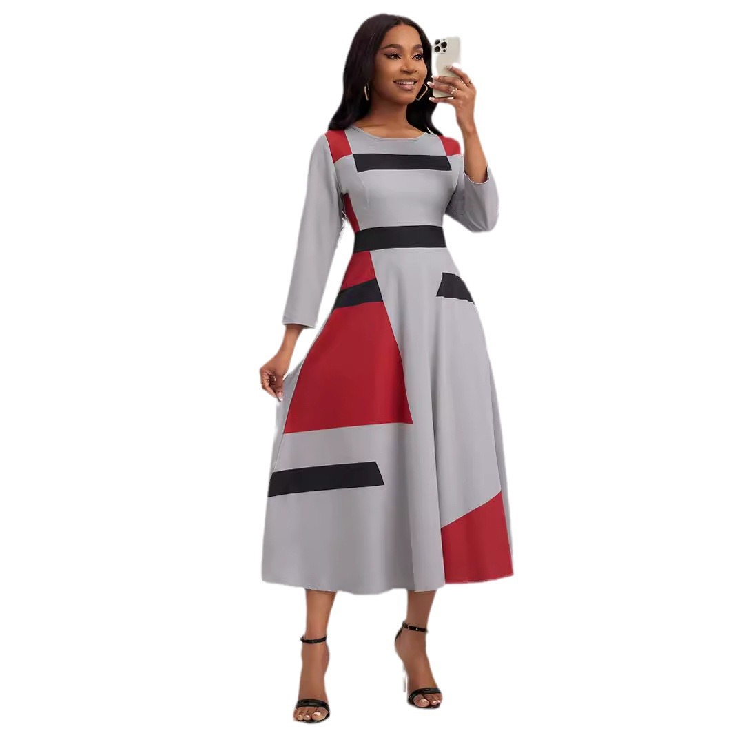 Women's Round Neck Printed Three-quarter Sleeve High Waist Dress - Image 5