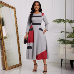 Women's Round Neck Printed Three-quarter Sleeve High Waist Dress