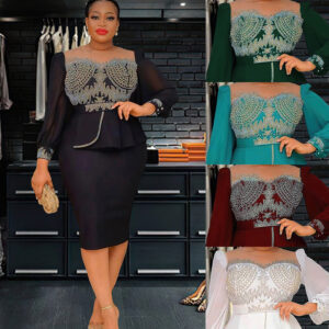 Plain Crew Neck Puff Sleeve High Waist Elegant Dress