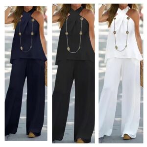 Women's Casual Halterneck Solid Color Sleeveless Top Wide-leg Pants Two-piece Set