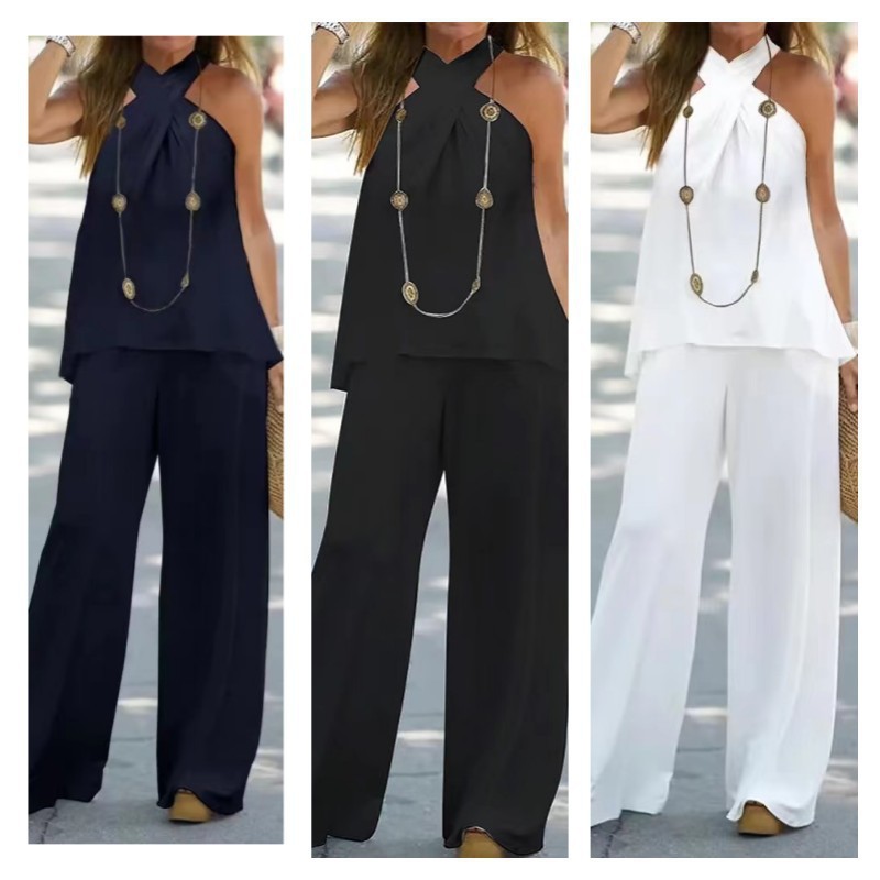 Women's Casual Halterneck Solid Color Sleeveless Top Wide-leg Pants Two-piece Set