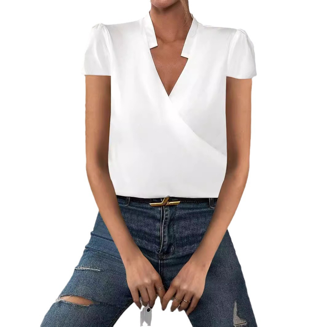 Women V-Neck Short-sleeved Summer Simple White Blouse - Image 5