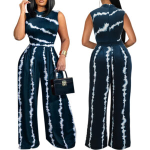Vertical Stripes Print Stand Collar Sleeveless Elegant Jumpsuit