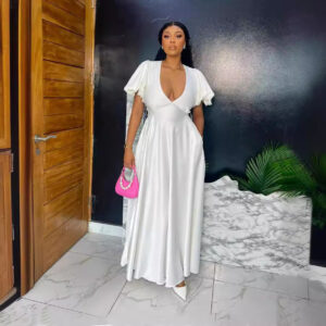 Plain V-Neck Butterfly Sleeve A-Line Elegant Dress