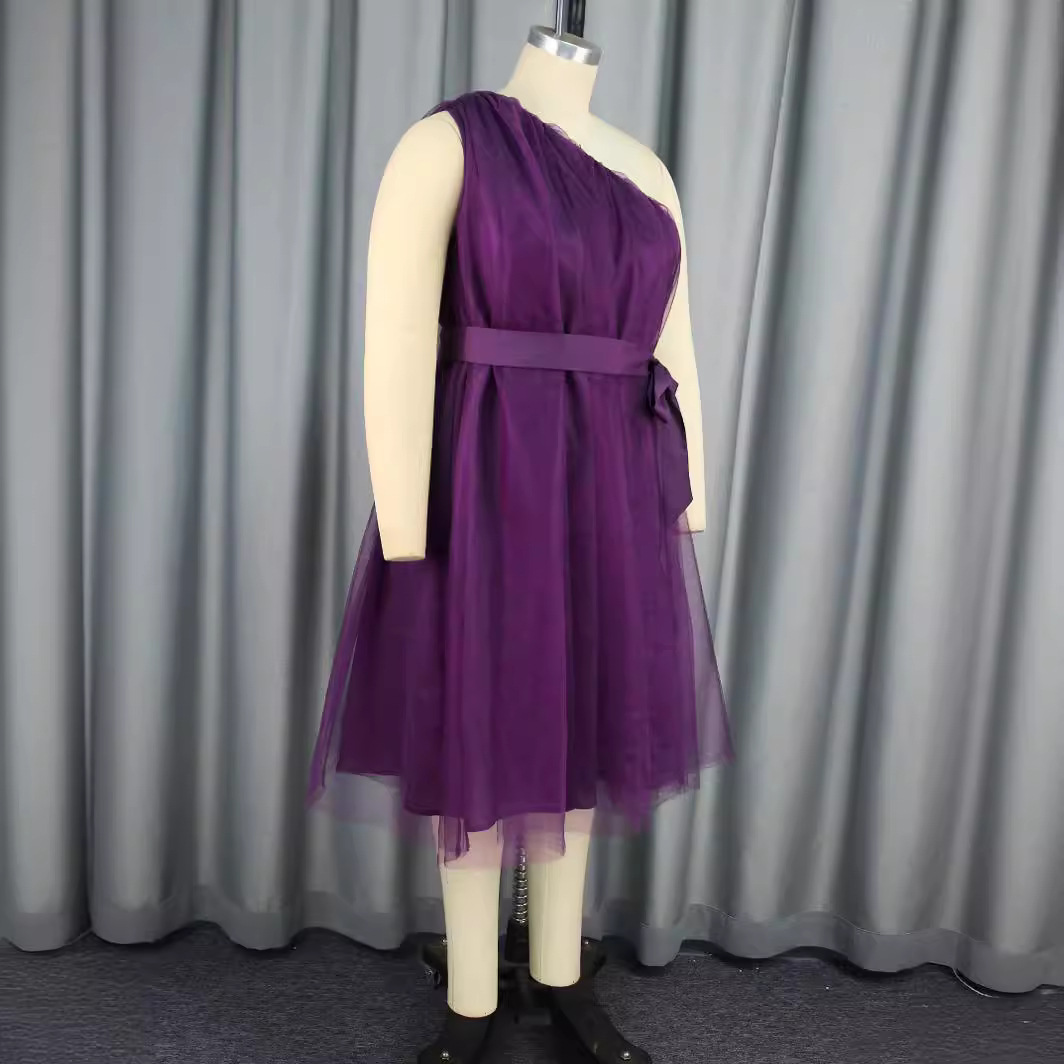 Plain Wryshoulder Sleeveless Belt Bandage Elegant Dress - Image 3