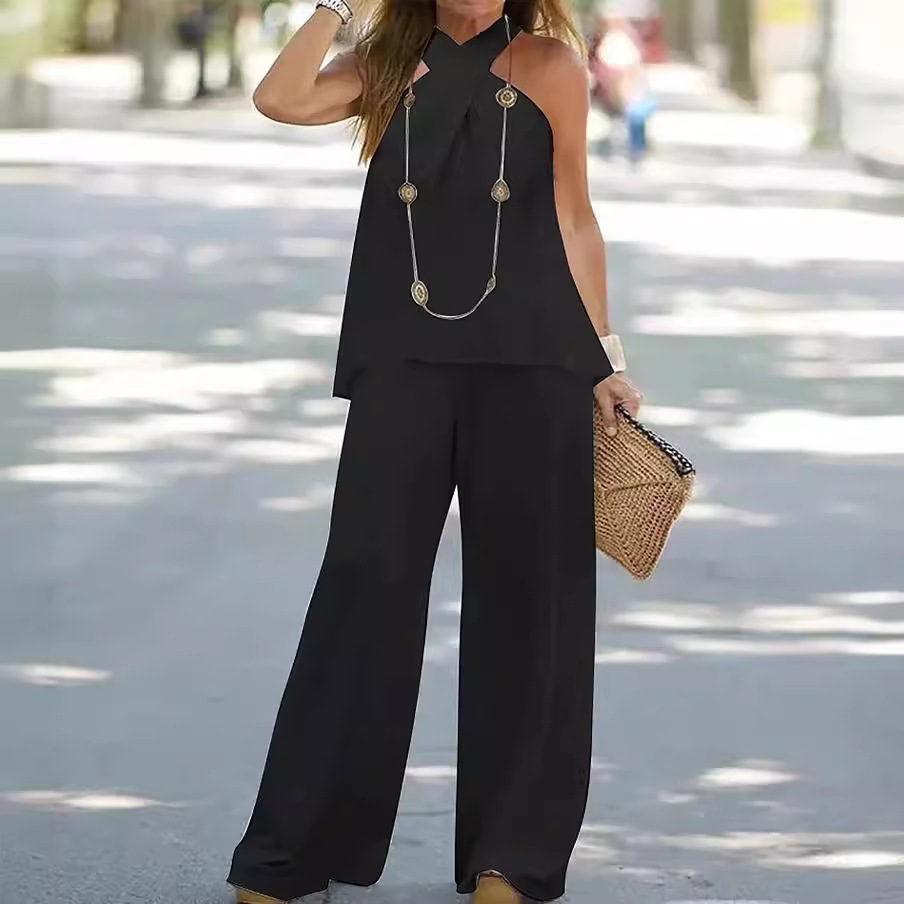Women's Casual Halterneck Solid Color Sleeveless Top Wide-leg Pants Two-piece Set - Image 4