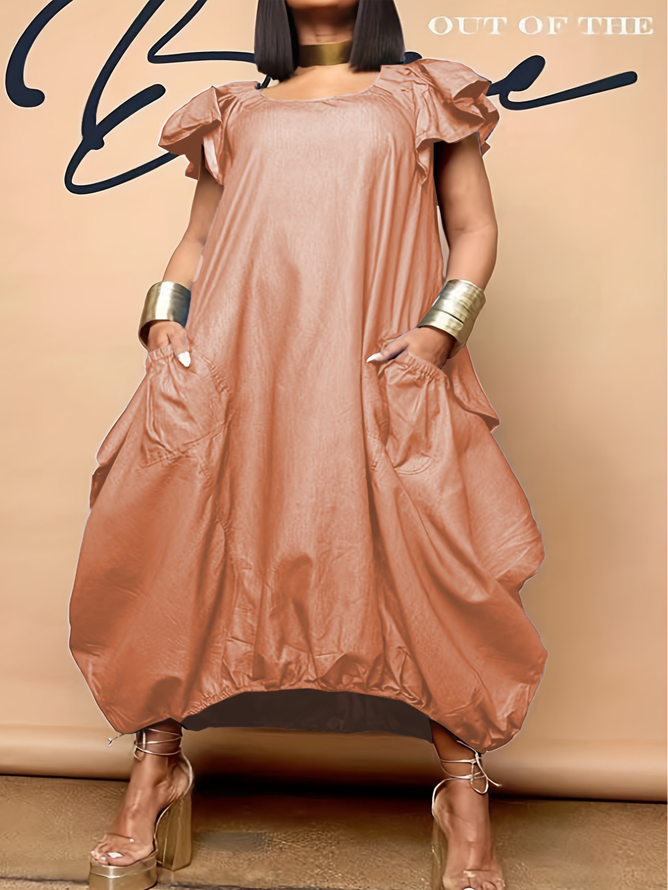 Plain Crew Neck Butterfly Sleeve Casual Dress - Image 4